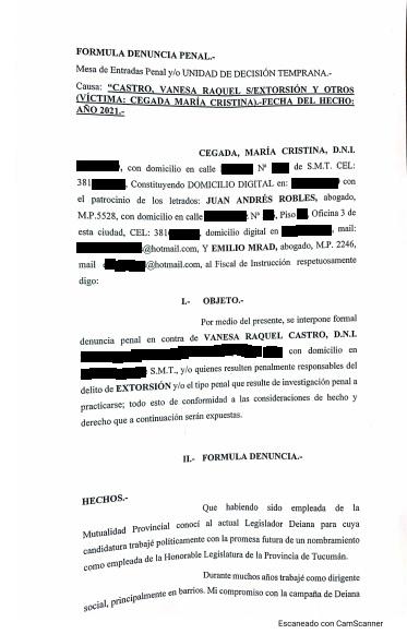 Denuncia penal contra Vanesa Castro Denuncia penal contra Vanesa Castro