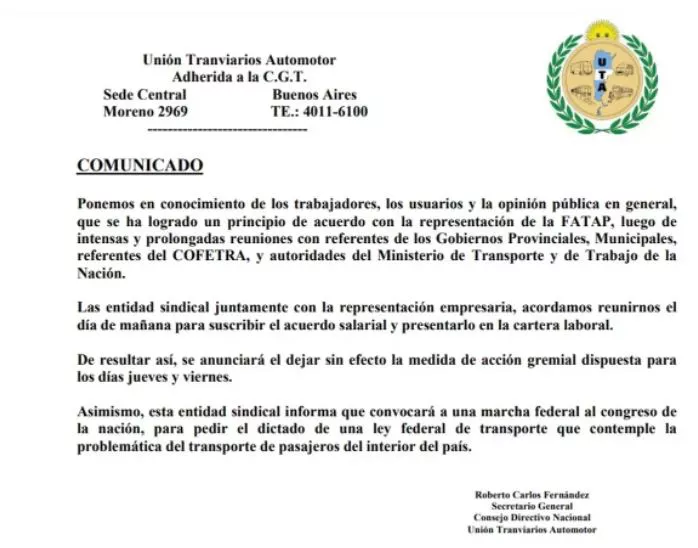 comunicado de UTA