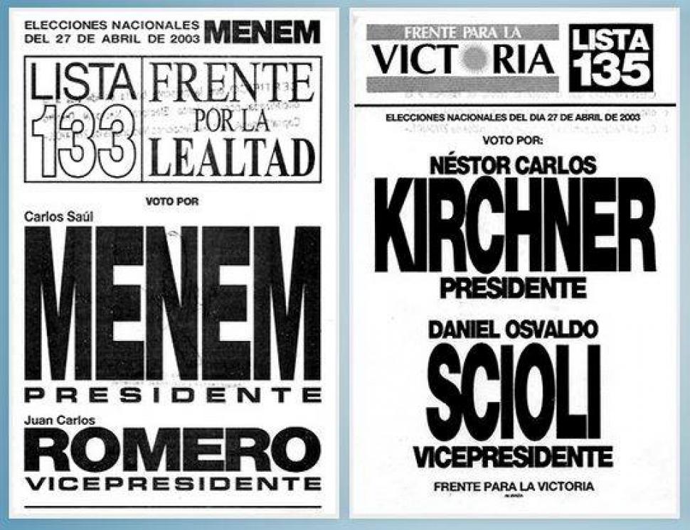 2003: Menem 24,45% - Kirchner 22,25%  Asumió Kirchner porque Menem se bajó de la segunda vuelta