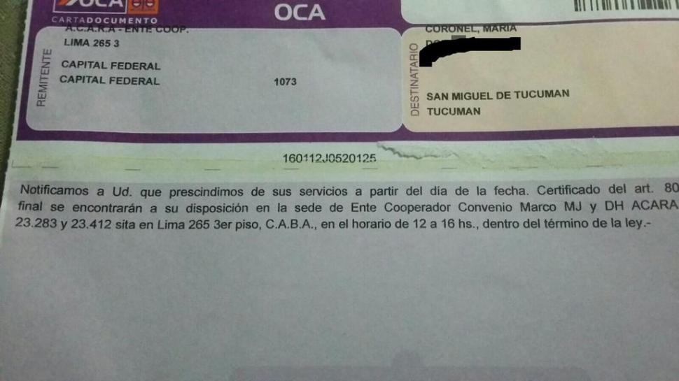 Telegrama de despido enviado a Coronel